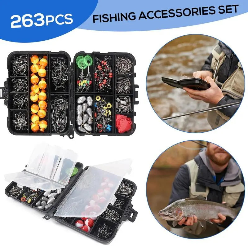 263-Piece Outdoor Fishing Accessories Set with Tackle Box - Includes Plier, Jig Hooks, Sinker Weights, Swivels, Snaps and Sinker Slides Kit