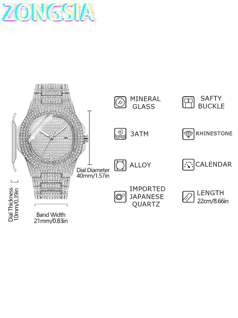 Men's Fashion Jewelry Set with Box - Rhinestone Watch, Cross Pendant Necklace and Cuban Chain Bracelet
