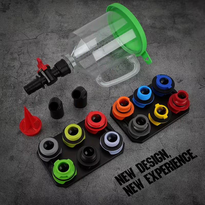 18Pcs Spill-Proof Oil Funnel Kit – 1.59 Qt Funnel with 12 Adapters & Magnetic Storage Hook Tray