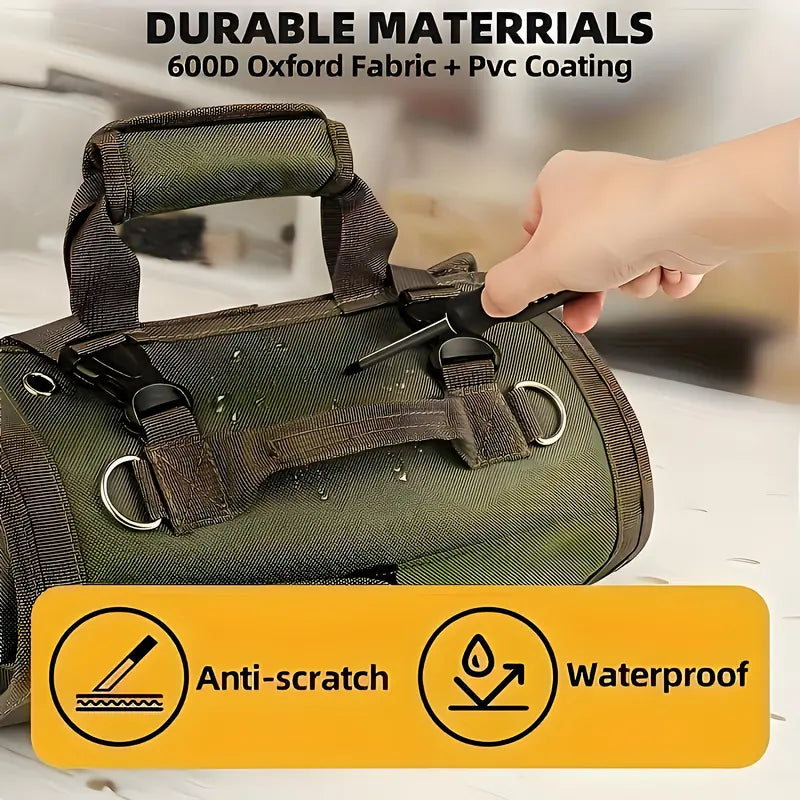 Portable Tool Roll Bag for Electricians & Mechanics – 4 Compartments, 2 Detachable Tool Bags – Heavy Duty Carpenter Tool Belt – Green Practical Organization