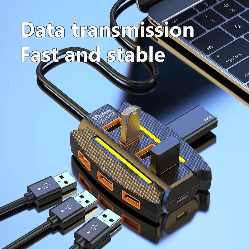 10-Port USB 2.0 Hub with RGB Lights - High-Speed Multi-Device Splitter, Plug and Play, 36V Max for Computer Accessories