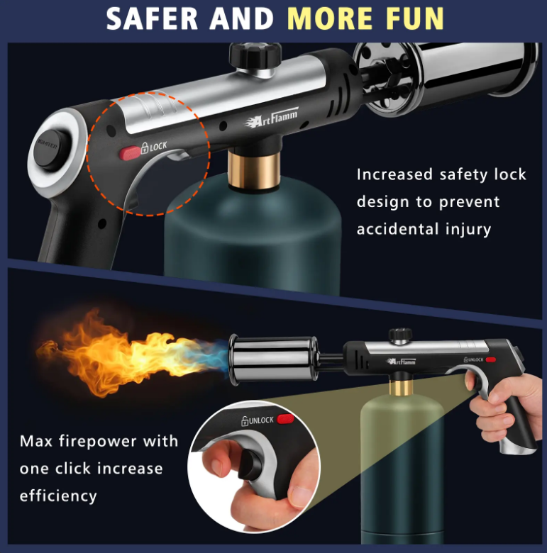 Propane Torch Gun with Safety Lock, Portable Kitchen Blow Torch for BBQ, Steak Searing, Charcoal Ignition (Propane Tank Not Included)