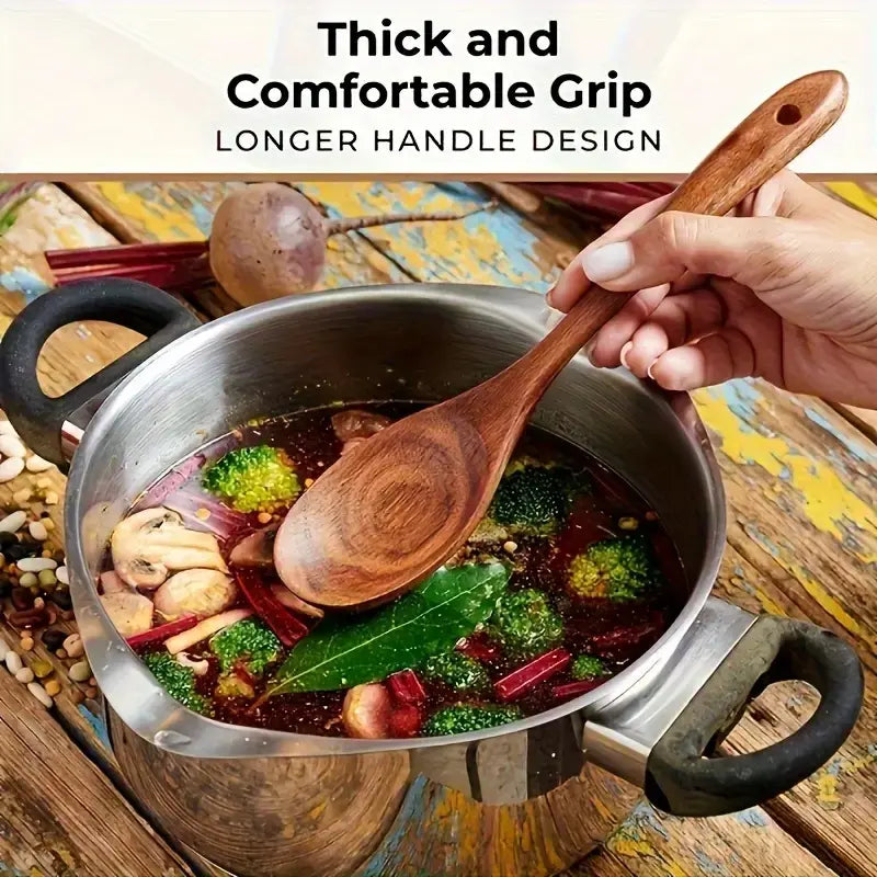 10pcs/set Natural Wood Kitchen Utensil Set, Wooden Cooking Tools with Ergonomic Handles, Heat-Resistant Spoons Pans Spatulas for Induction Cookers
