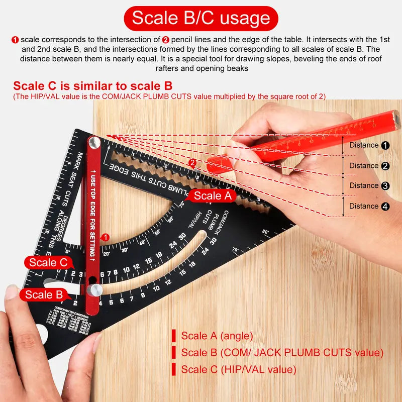 7 Inch Aluminum Carpenter Square, Woodworking Adjustable Rafter Framing Square, Measuring Angle Large Triangle Ruler Layout Tool, Multifunctional Carpentry Square, Gift for Carpenters, Includes 2 Pencils for Measuring