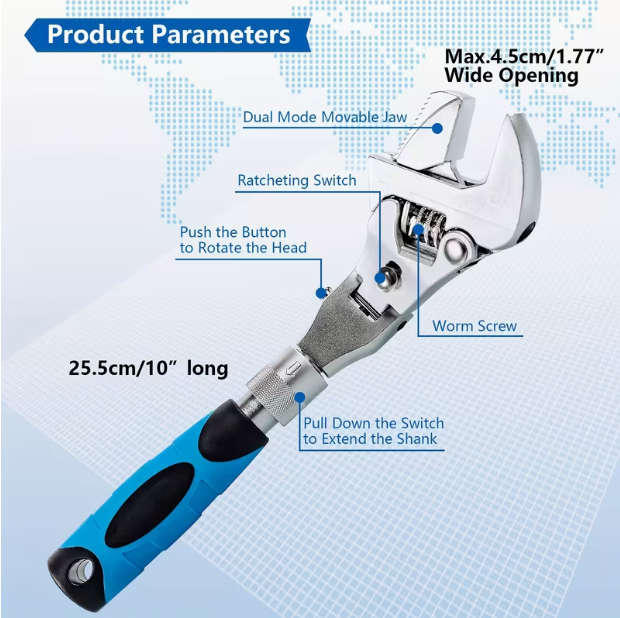 5-in-1 Ratcheting Adjustable Crescent Wrench – 180° Folding, Rotating Head, 10–12 Inch Range