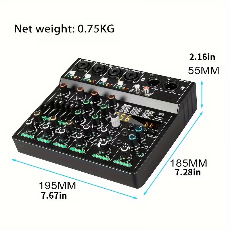 6-Channel USB Audio Mixer – 256 Reverb Effects, Professional for Music & Recording