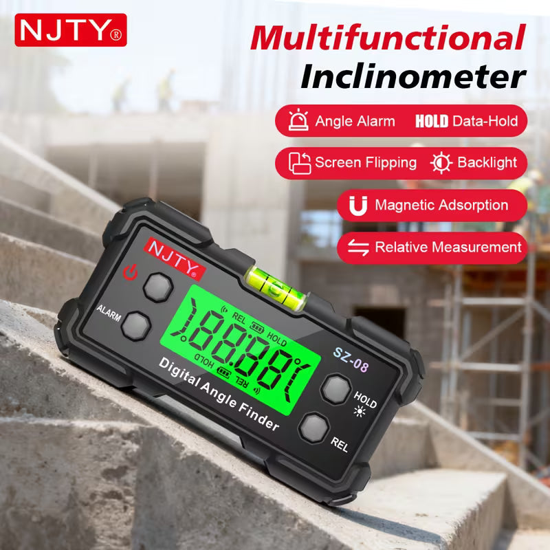 NJTY Digital Inclinometer SZ-08 – High Precision Electronic Level, Backlit, Dual-Sided Magnetic, Angle Alarm