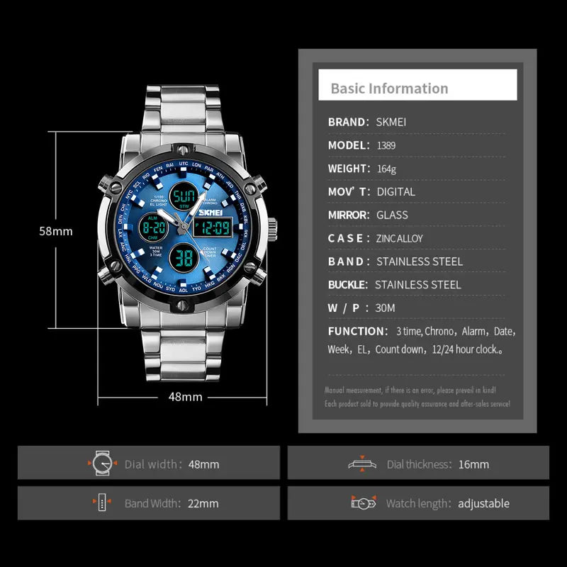 Men's 48mm Round Face Alloy Digital Watch – 30M Waterproof, Stainless Steel Strap, 3 Time Zones, Nightlight, Timer, Calendar, Alarm – Multifunctional Wristwatch
