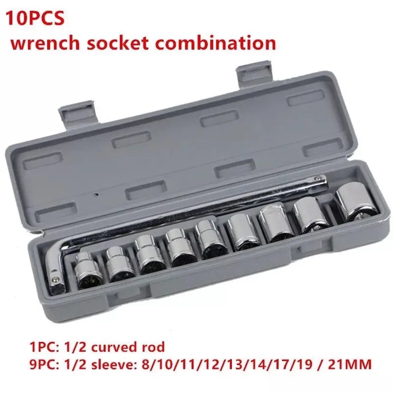 10-Piece 1/2-Inch L Curved Socket Wrench Set 8-21mm - Heavy Duty Chrome Sleeve Tool Kit for Motorcycle and Car Auto Repair