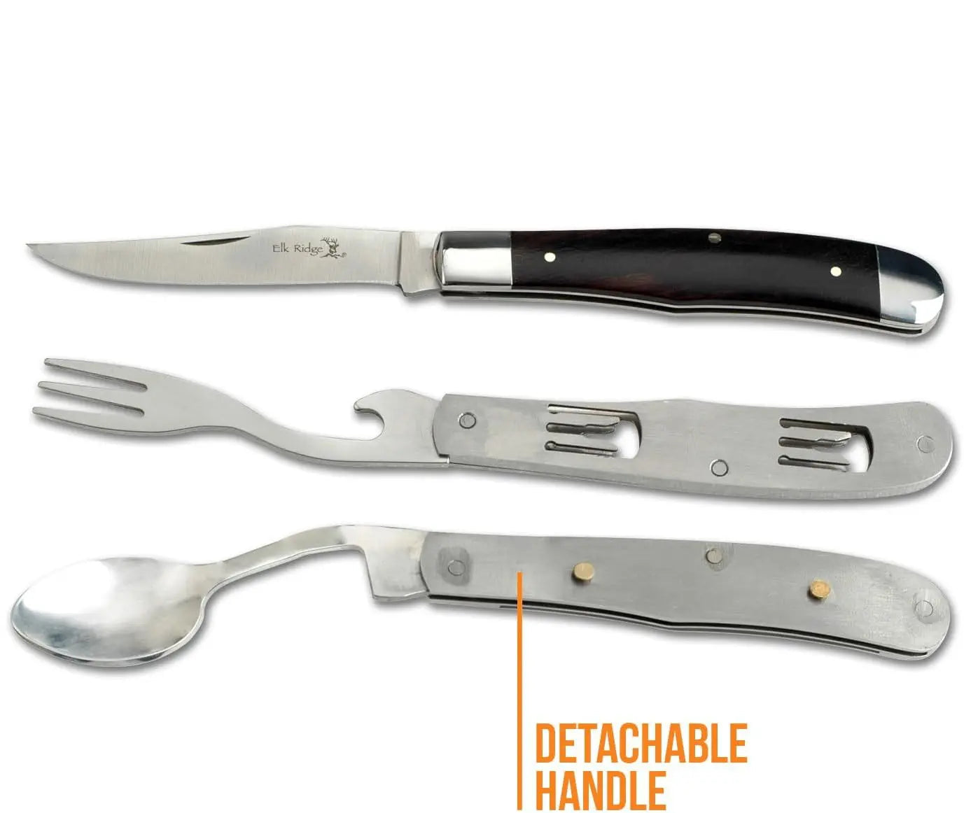4-in-1 Pocket Multi-Tool – Knife, Fork, Spoon & Bottle Opener with Wood Handle, Ideal for Camping, Hunting & Survival