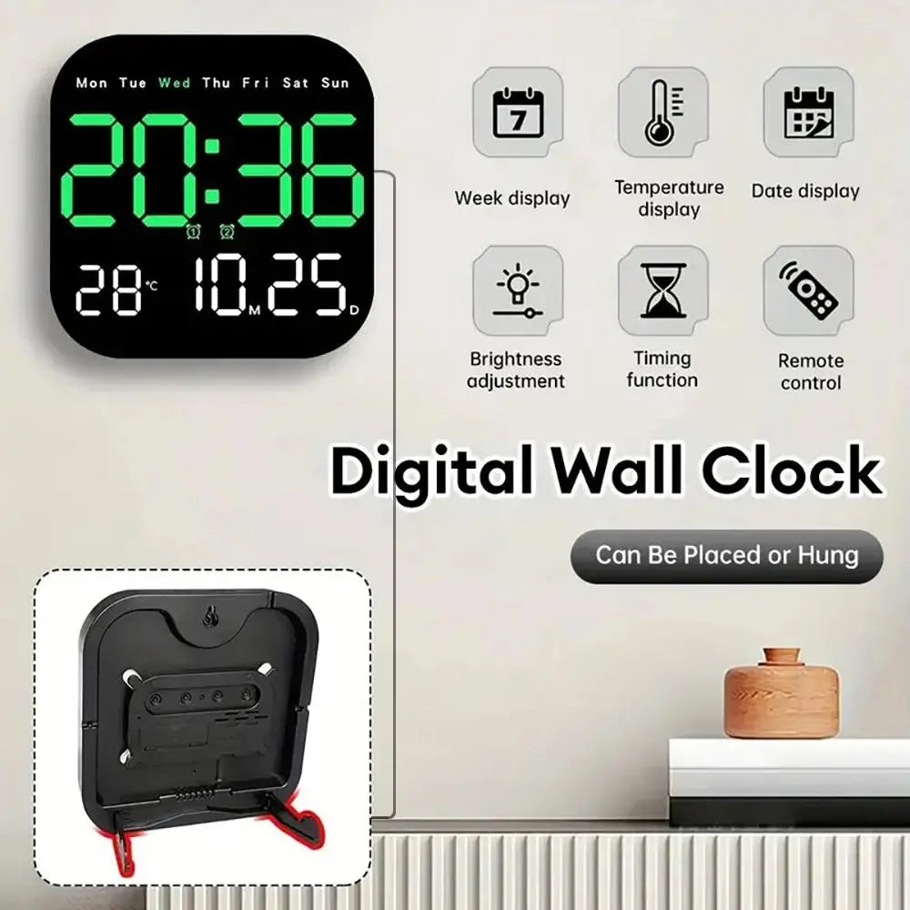 Intelligent Large Screen Digital Living Room Wall Clock with Remote Control, Battery Powered LED Wall Clock with Calendar Time Temperature Display, LED Alarm Clock Digital Clock Decor
