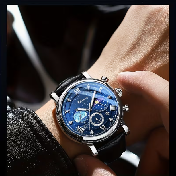 Sun Moon Star Multifunctional Men's Quartz Watch – Calendar, Chronograph, PU Leather Strap, Casual Style