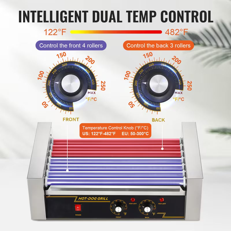 7-Roller Hot Dog Machine – 18 Hot Dogs, 1400W, Dual Temp Control with Bun Warmer & Glass Hood
