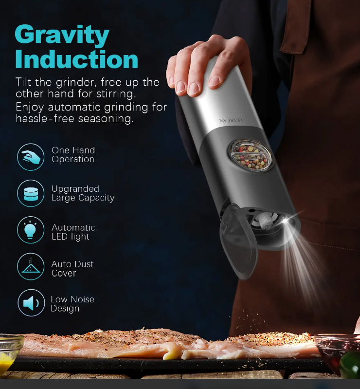 Electric Salt & Pepper Grinder Set, 2Pcs Rechargeable Adjustable Stainless Steel Grinder with Dust Lid & LED Light, One-Hand Operation Kitchen Utensils