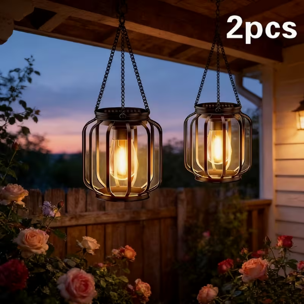 2-Pack Solar-Powered Outdoor Hanging Lanterns – IP65 Waterproof, Automatic On/Off Switch, Black Retro Metal Design with Built-in Solar Panel, for Porch, Garden & All-Season Use