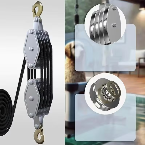 Heavy-Duty Block & Pulley System – 4000lb Capacity, 8:1 Mechanical Advantage, Adjustable Height, 65ft Rope, Lockable Casters, for Lifting & Construction
