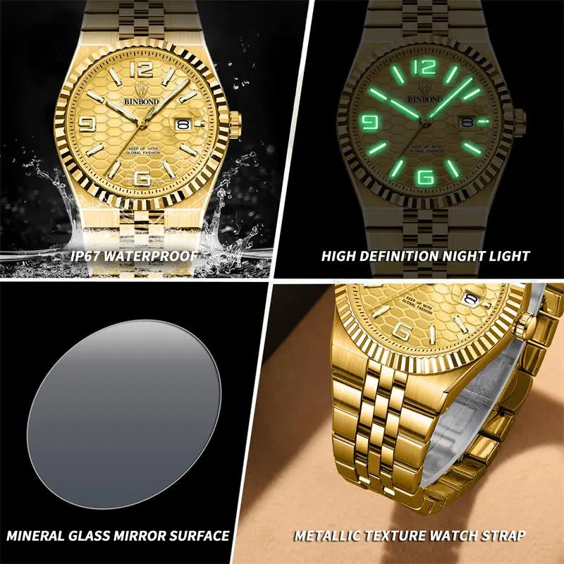 Men's Diamond-Accent Quartz Watch – Luminous Date Display, 3D Grid Dial, Waterproof, Gift Box – Business Casual Style