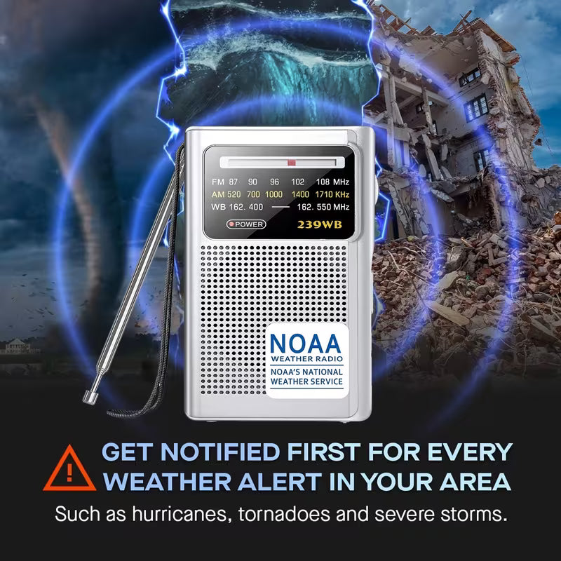 Portable Emergency Radio – NOAA Weather, AM/FM, Best Reception, Stereo Earphone Jack, 2xAA Battery
