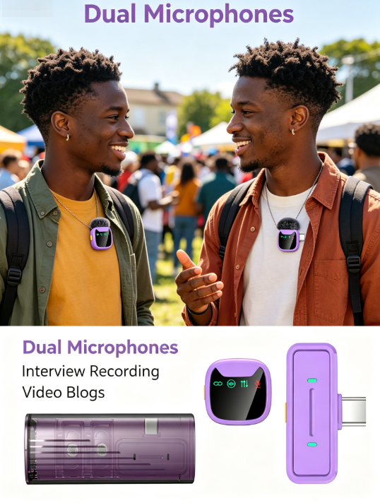 Dual Wireless Lavalier Microphone – LED Charging Case for Phones, Laptops, Streaming & Interviews