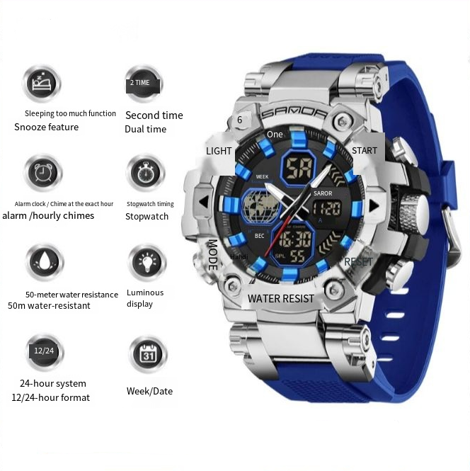 Men's Dual Display Watch – Outdoor Sports & Business Style, Night Alarm, Weekly Calendar
