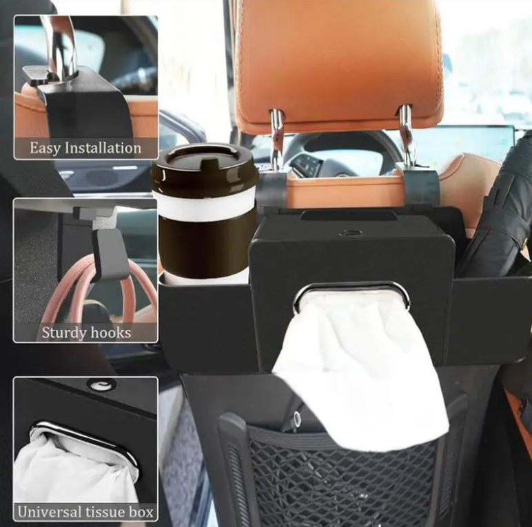 Black Car Seat Back Storage Organizer, Non-Woven Fabric Car Storage Bag with Tissue Holder, 2 Cup Holders & Bag Hooks for Rear Seat