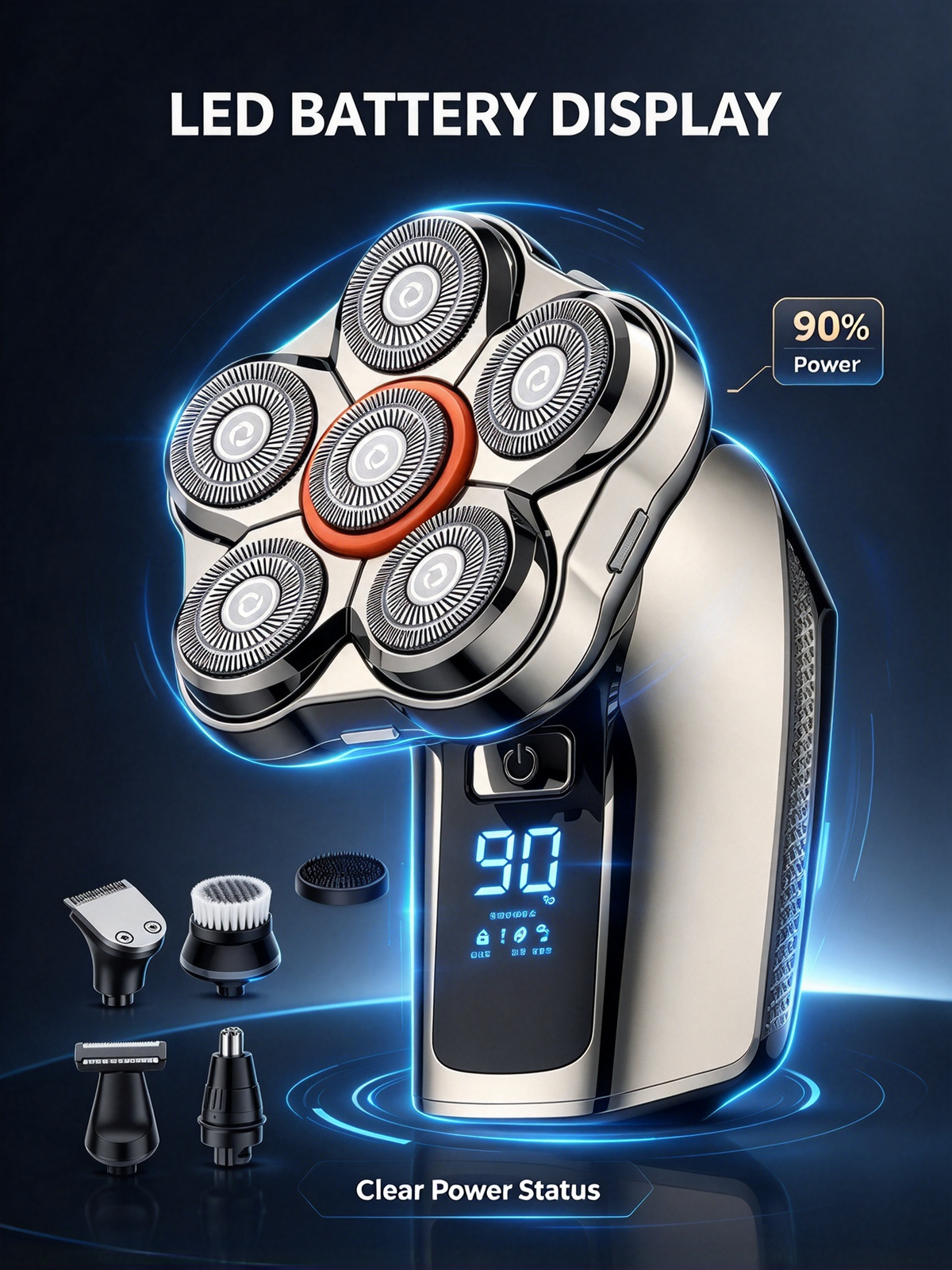 Smart Type-C Washable Electric Shaver - Digital Display, Magnetic 6-Blade Head, 6-in-1 Grooming Razor