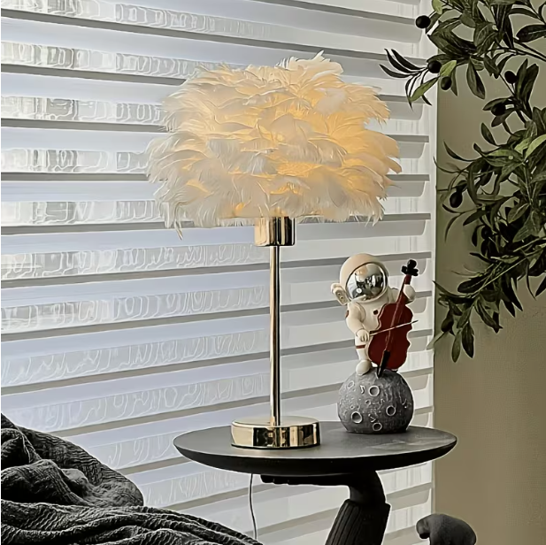 Artificial Feather Table Lamp with Golden Base – Dimmable USB-Powered Bedside Desk Lamp, Soft Warm Romantic Style for Bedroom & Party Ambiance