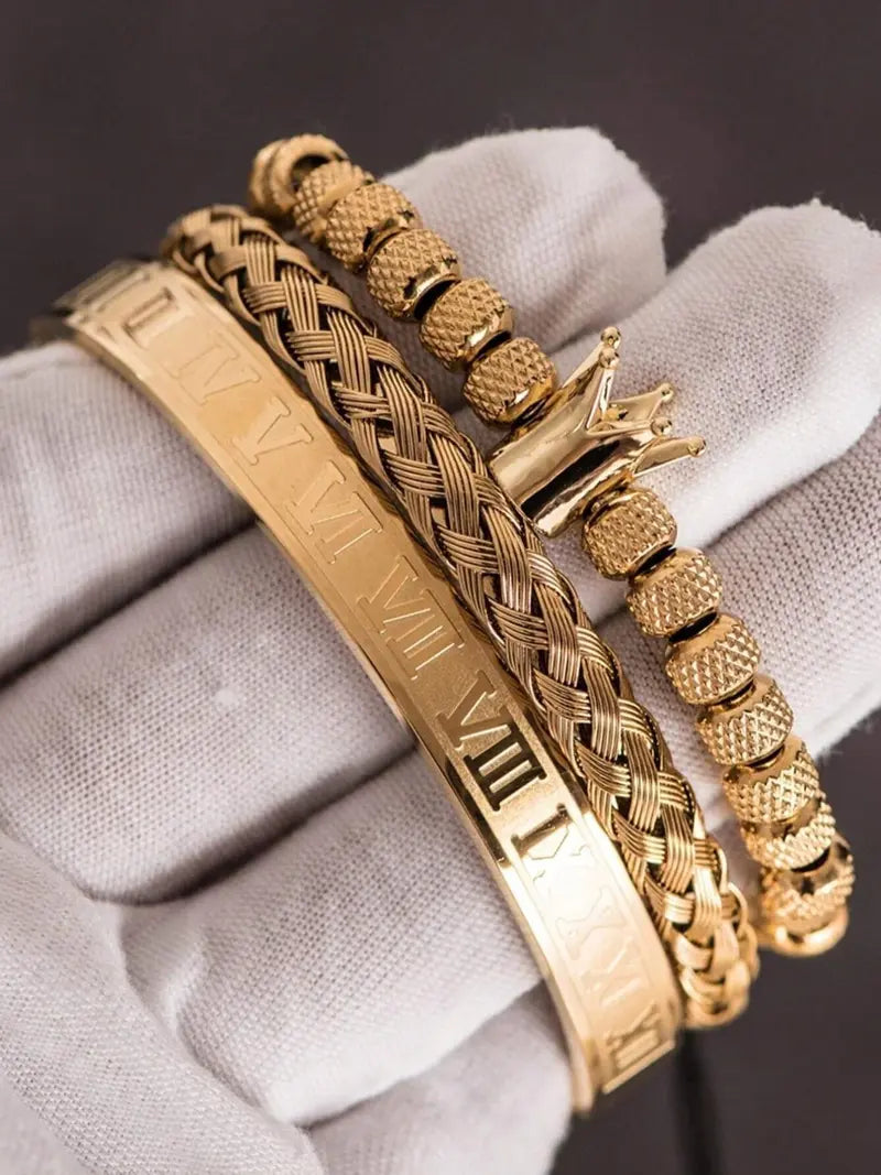 Elegant Men's Braided Bracelet – Crown & Roman Numeral Decor, Fashionable Accessory for Party & Daily Styling, Great Birthday Gift