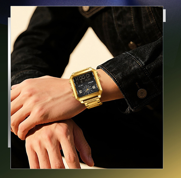 Multifunctional Men's Square Dual-Screen Watch – 3 Time Zones, Stopwatch, Alarm, Countdown, 30M Waterproof, Night Light, Suitable for Sports, Business & Daily Wear
