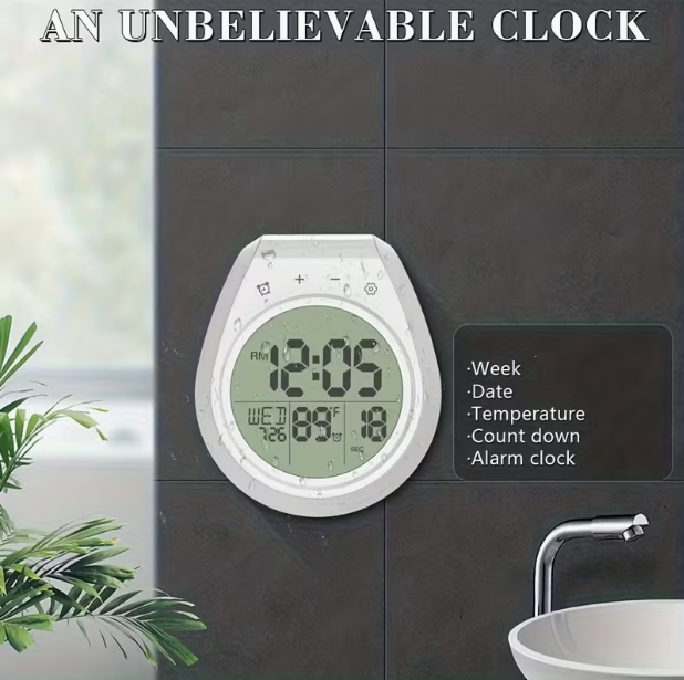 Digital Bathroom Clock with Large LCD Display – Shower Timer & Thermometer, Suction Cup Mount, 99-Minute Countdown, °C/°F, 12/24H, IP4, for Shower, Kitchen & Home Decor