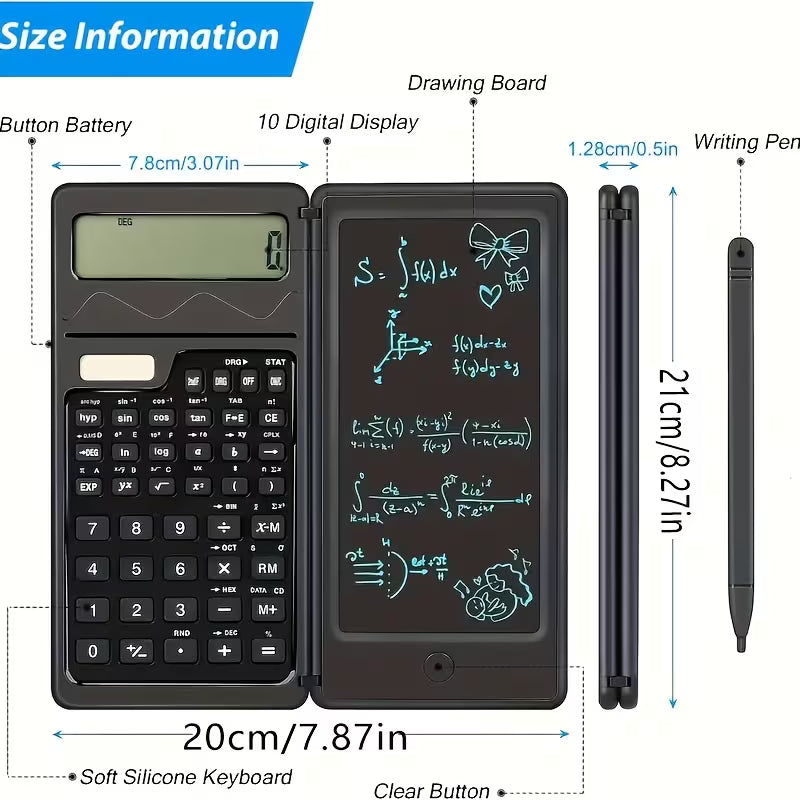 Ultra-Slim LCD Writing Board & Scientific Calculator – 10-Digit, Solar & Battery, for Math & Physics
