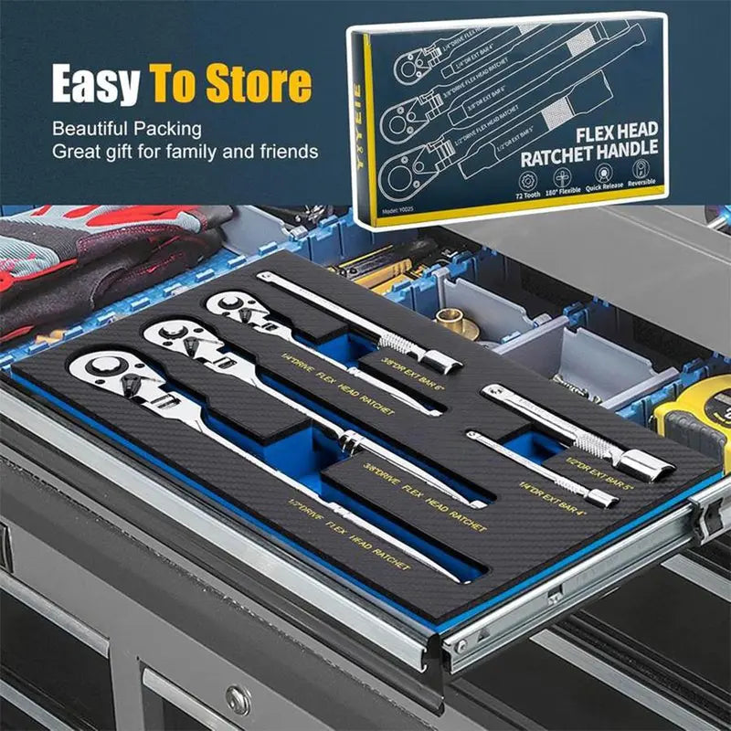 6-Piece Flex Head Ratchet Wrench Set – Chrome Vanadium Steel, 1/4", 3/8", 1/2" Drive with Extension Bars, 72-Tooth, 180° Adjustable Quick-Release, Professional Swivel Head for Tight Spaces