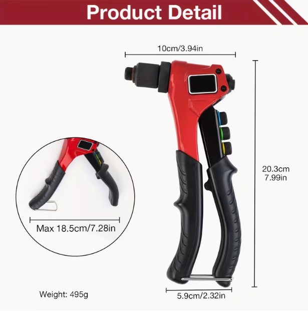4-in-1 Manual Rivet Gun Set – 2.4-4.8mm, 4 Replaceable Heads, 80 Rivets Included, for Plastic, Metal & Leather, One-Hand Operation