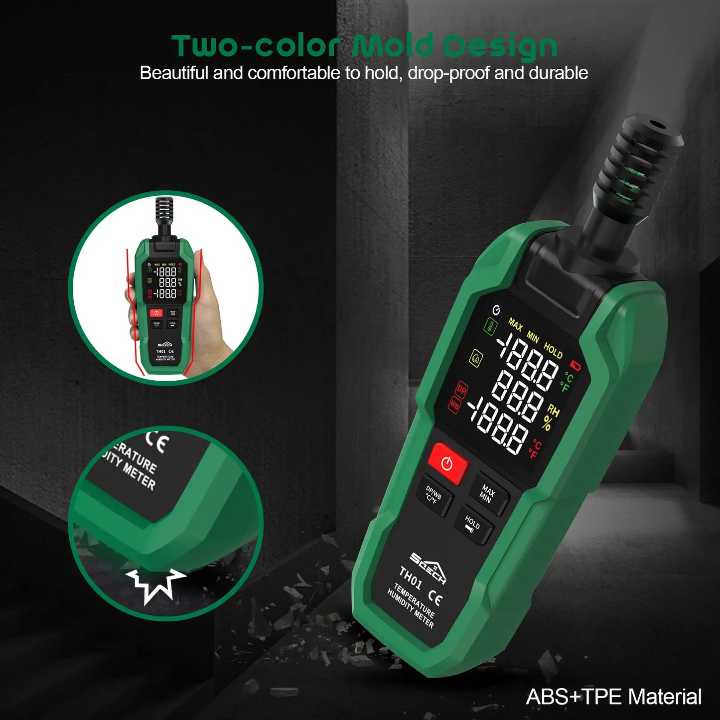 High Precision Digital Hygrometer & Thermometer – Measures Ambient, Relative Humidity, Dew Point, Wet Bulb, Color Backlight & Flashlight, Max/Min & Data Hold – Ideal for Industrial & Home Use