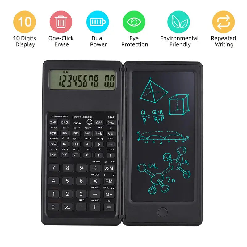 Foldable Scientific Calculator – 10-Digit Large Display, Erasable Writing Tablet & Mini Pen, Portable for Home, School, Office & Travel