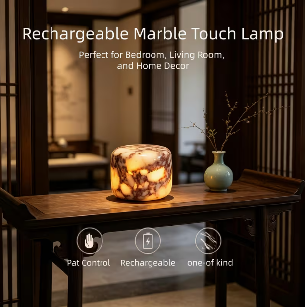 Unique Stone Table Lamp – Type-C Rechargeable, 3-Way Dimmable Bedside Lamp with Warm LED Ambient Lighting for Bedroom Nightstands, Portable Night Light
