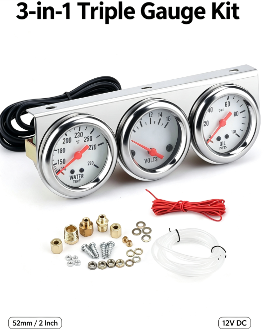 Chrome 3-in-1 Triple Gauge Kit – 2" 52mm with Oil Pressure, Water Temp & Ammeter, White Face