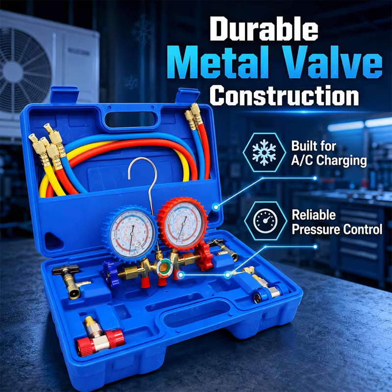 Air Conditioning Manifold Gauge Set – R134a/R12/R22/R404A, 3-Channel with Anti-Vibration Design