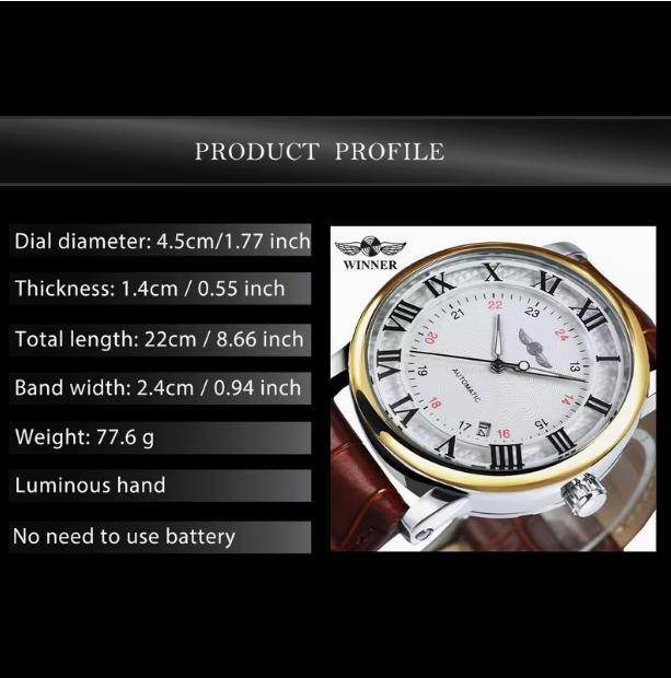 Classic Business Automatic Mechanical Men's Watch – Luminous Hands, Calendar, White Dial, No Battery Required