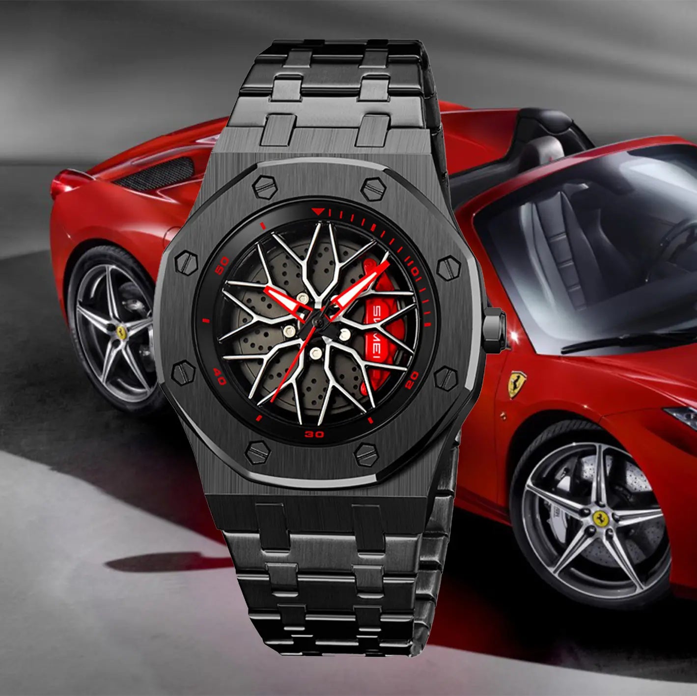 Men's Car Wheel Watch - Stainless Steel Spinning Rim Design, Japanese Quartz, Water Resistant for Car Enthusiasts