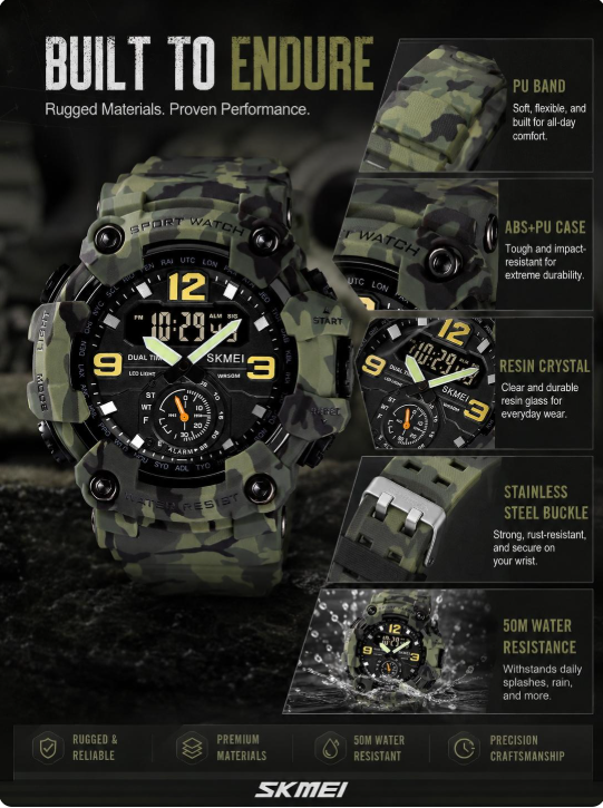 Men's Large Digital Sport Watch – Multifunction, 50m Waterproof, EL Backlight, Dual Time Zone, Resin Case & Silicone Strap, for Daily Wear & Outdoor Activities