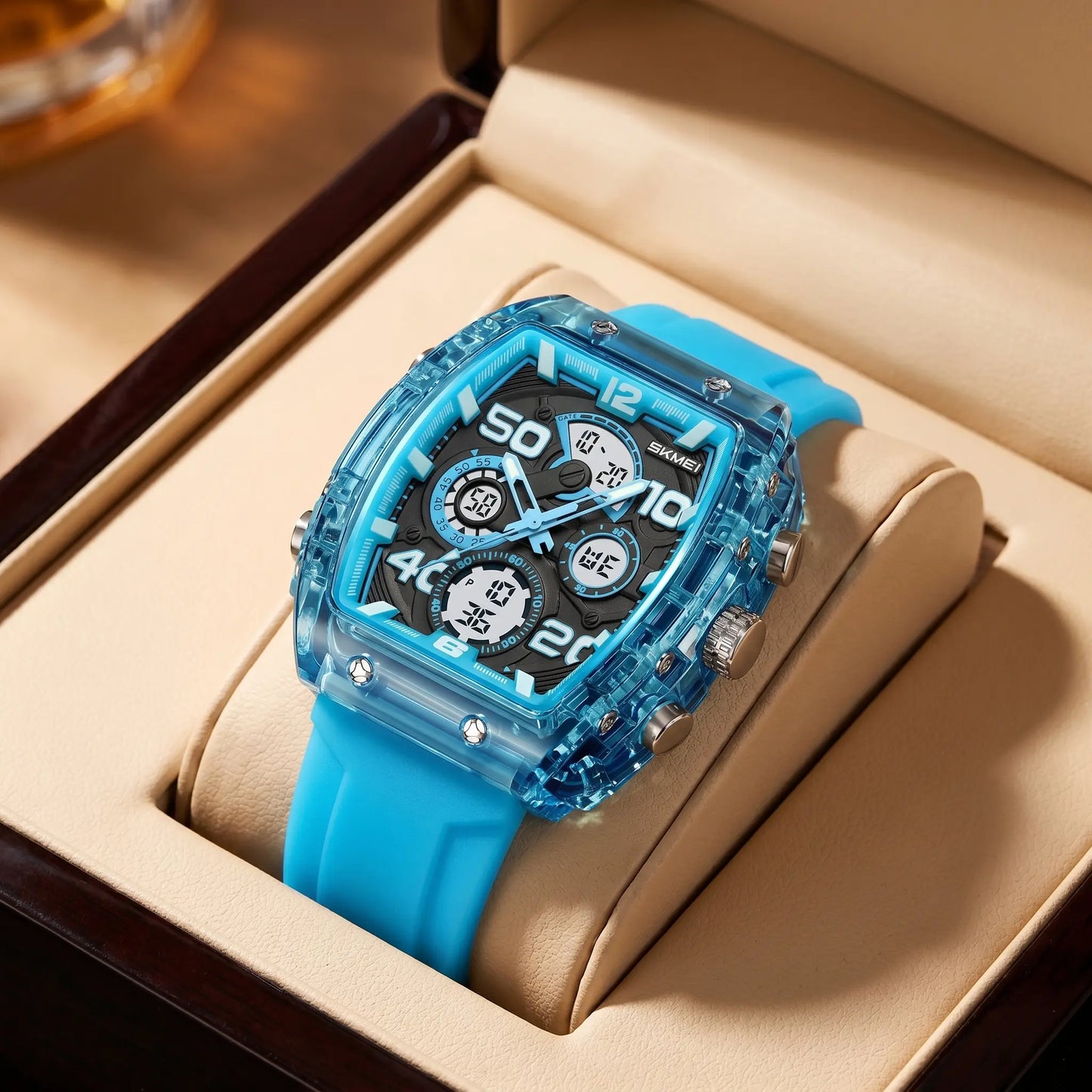 Unisex Ana-Digi Sport Watch – Tonneau Case, Silicone Band, 3 Time Zones, Stopwatch, Alarm, Countdown, LED Backlight, 5ATM Waterproof, Lightweight 61.1g – Ideal for Study, Workout & Everyday Wear