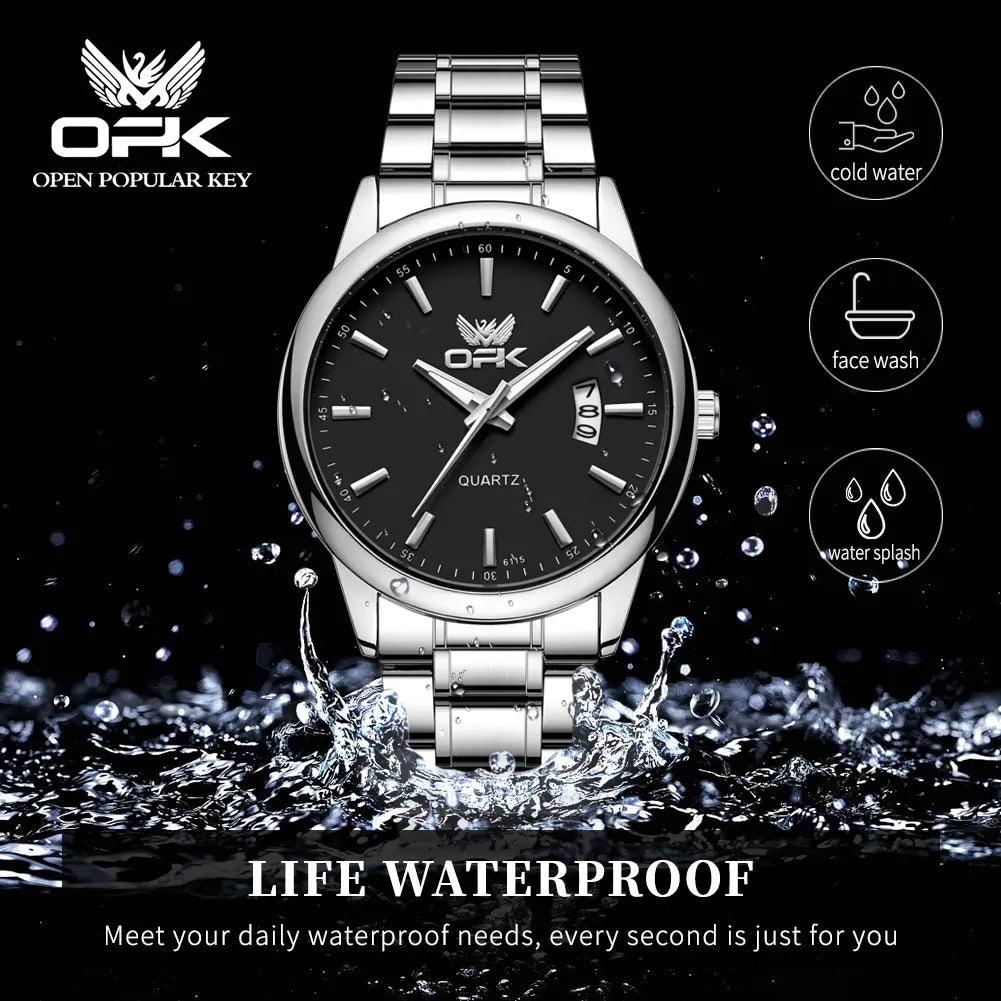 OPK Men's Stainless Steel Quartz Watch - Water Resistant, Black and White Wristwatch