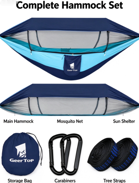 GEERTOP 3-in-1 Camping Hammock – with Mosquito Net & Sun Shelter, Double for Backpacking & Travel