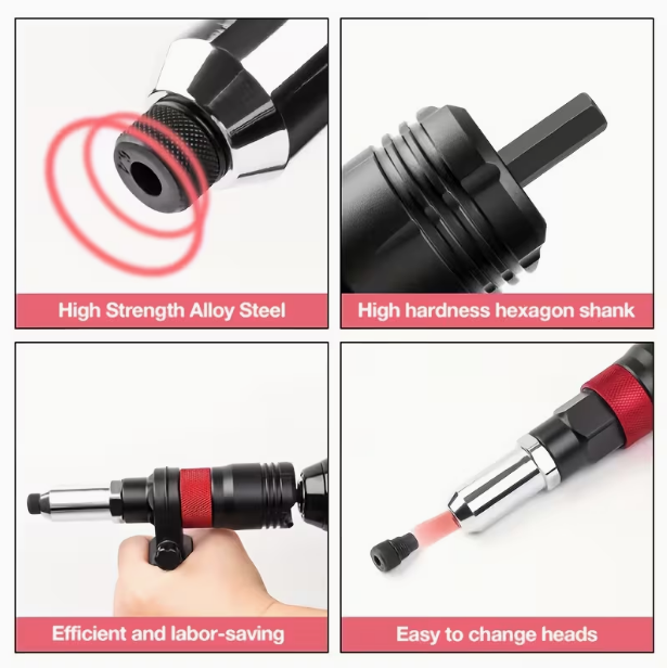 Professional Rivet Machine Kit – Multifunctional Automatic Rivet Nailer with Drill Attachment, Includes Wrench & Handle, for 2.4/3.2/4.0/4.8/6.4mm Rivets, Ideal for Home & DIY