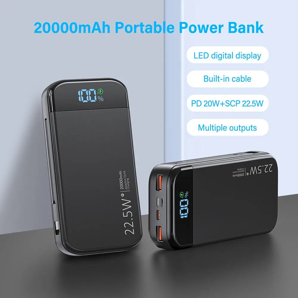 20000mAh Portable Power Bank with Built-in 2 Cables - PD20W Fast Charging, LED Digital Display, Large Capacity Charger for iPhone, Galaxy, iPad and Electronic Devices