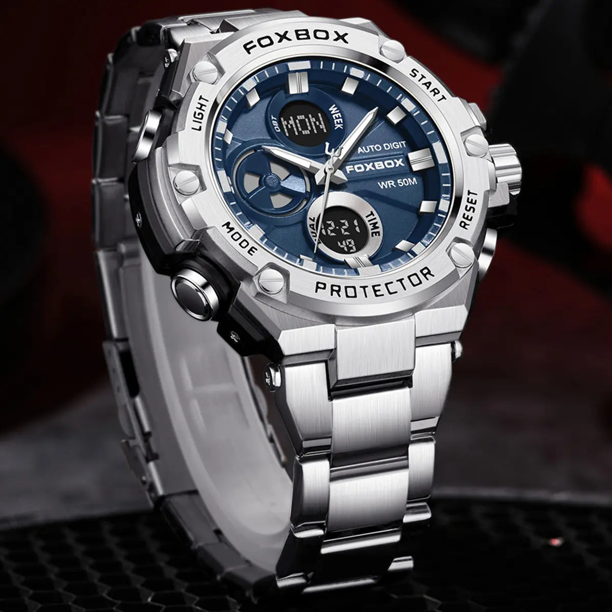 Foxbox Men's Fashion Multifunctional Sports Watch - Water Resistant Alloy Case, Stainless Steel Strap, Electronic Quartz