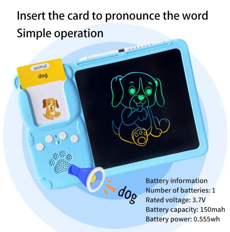 Blue 2 in 1 Learning Card Machine, 510 Words LCD Writing Board Toy with Talking Flash Cards, Educational Toy for Kids, Birthday Gift