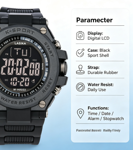 LASIKA Water Resistant Sports Digital Watch - Alarm, Rubber Strap, Black Dial, K-Sport Style for Men