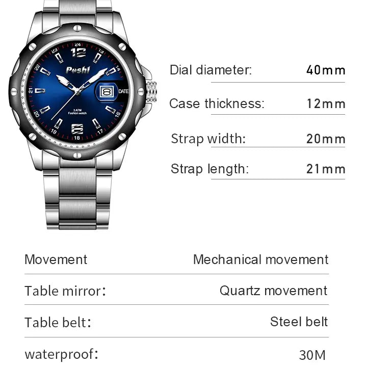 Men's Luxury Stainless Steel Watch - Water Resistant, Date Display, 3ATM Fashionable Daily Wear and Gift Option
